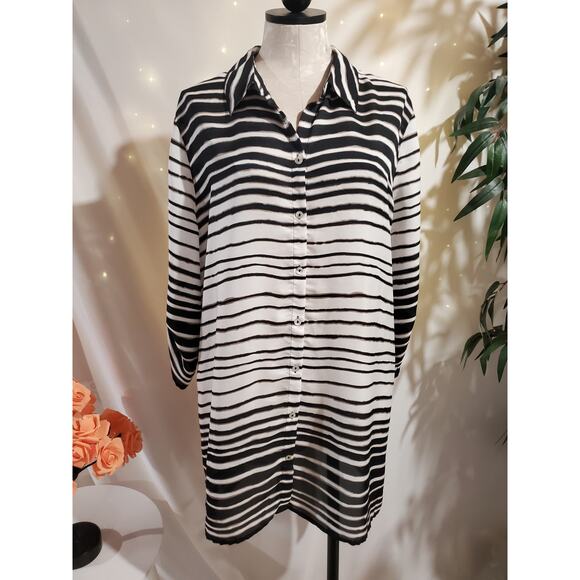 Chicos Womens Striped Roll Tab Sleeve Shell Button Tunic Blouse Size 3 US XL 16 - Picture 1 of 13